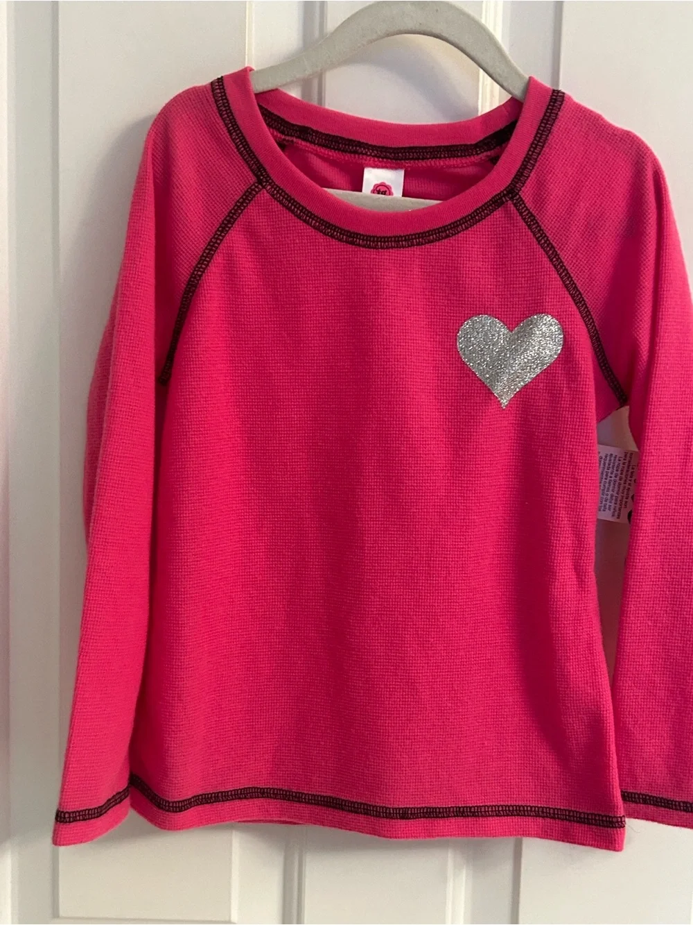 NWT-total girl Bright Pink Long Sleeve Top Pajama Top with Silver Glitter Heart